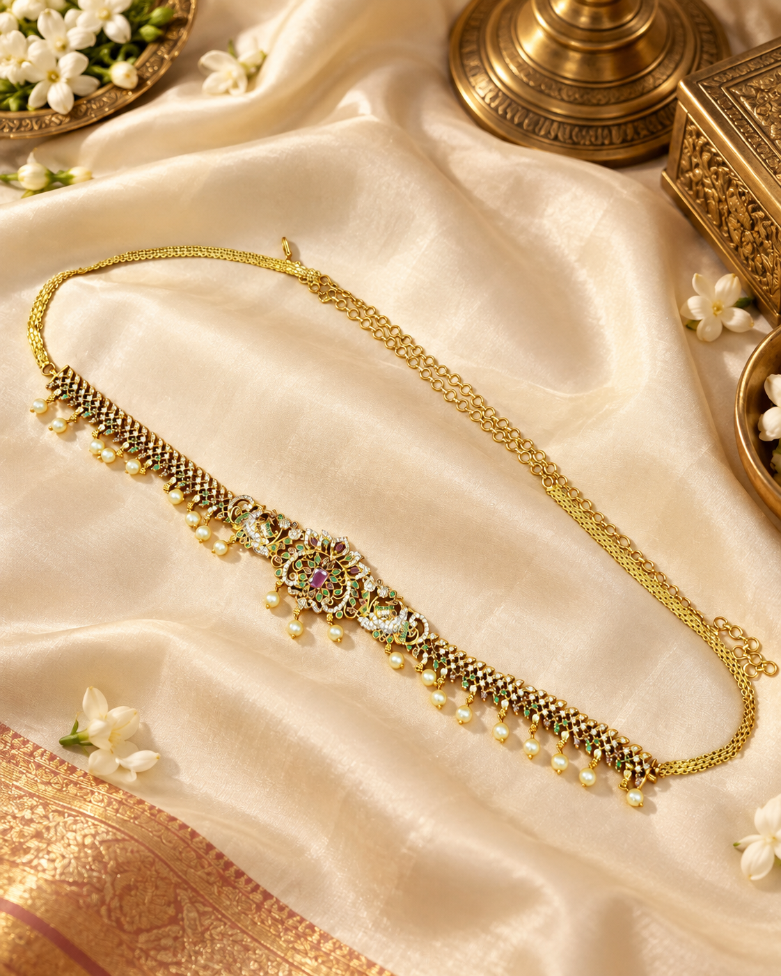 Gold-Plated Temple Kamarband with AD Stones